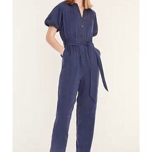 J Crew Women’s Jumpsuit Blue Puff Sleeve Boho Silky Pockets Button Down S 6 NWT